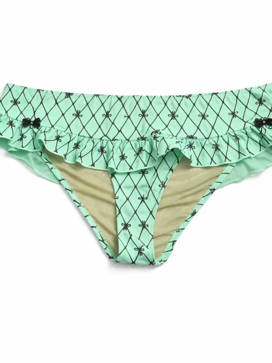 Betsey Johnson Mint Green Floral Grid Ruffle With Bows Bikini Set Lg - Picture 9 of 10